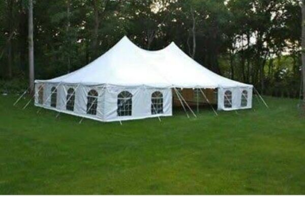 Large white peg and pole tent